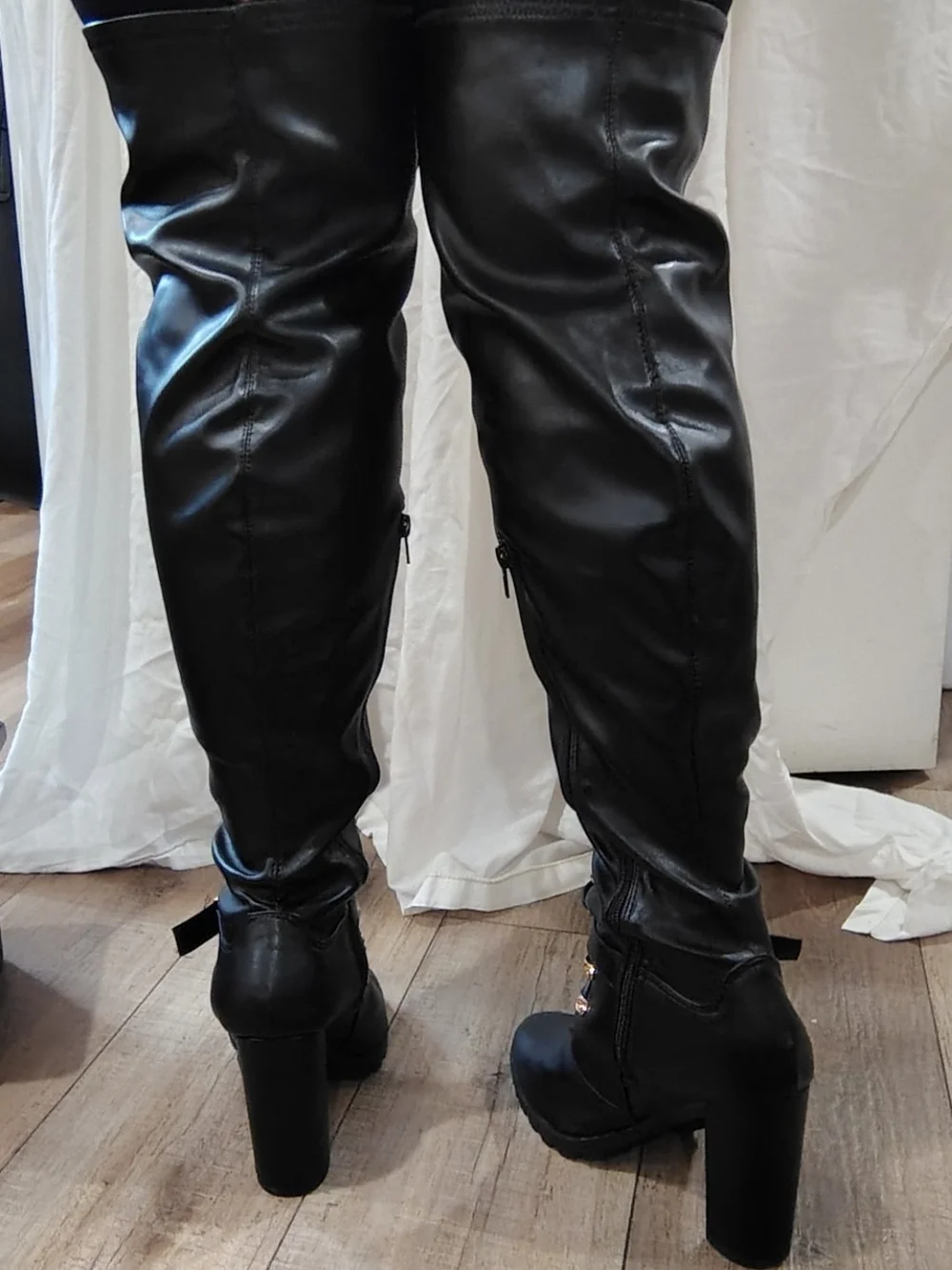 Black Lace-Up Over-the-Knee Heeled Boots